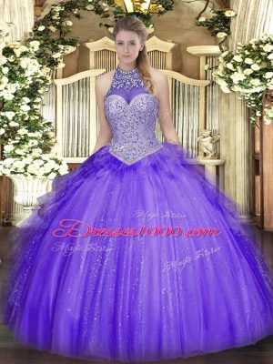 Edgy Lavender Ball Gowns Tulle Halter Top Sleeveless Beading and Ruffles Floor Length Lace Up 15 Quinceanera Dress