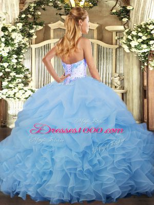 Superior Sleeveless Organza Floor Length Lace Up 15 Quinceanera Dress in Lilac with Beading and Ruffles and Pick Ups