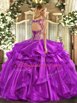 Fine Floor Length Eggplant Purple Sweet 16 Quinceanera Dress Scoop Cap Sleeves Lace Up