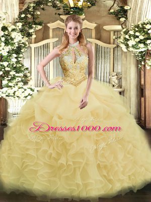 Champagne Organza Lace Up Halter Top Sleeveless Floor Length Quinceanera Gown Beading and Ruffles