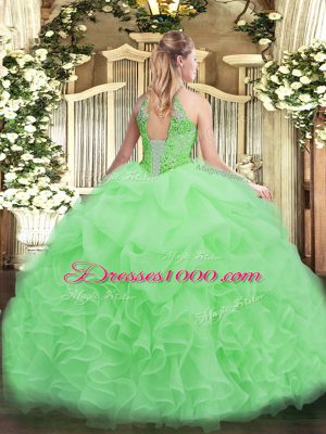 Champagne Organza Lace Up Halter Top Sleeveless Floor Length Quinceanera Gown Beading and Ruffles