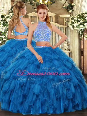 Nice Blue Sleeveless Beading and Ruffles Floor Length 15th Birthday Dress