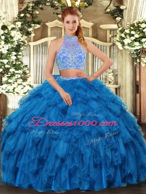 Nice Blue Sleeveless Beading and Ruffles Floor Length 15th Birthday Dress