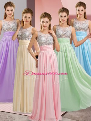 Baby Pink Chiffon Side Zipper Scoop Sleeveless Floor Length Prom Evening Gown Beading