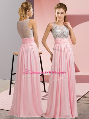 Baby Pink Chiffon Side Zipper Scoop Sleeveless Floor Length Prom Evening Gown Beading