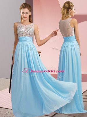 Baby Pink Chiffon Side Zipper Scoop Sleeveless Floor Length Prom Evening Gown Beading
