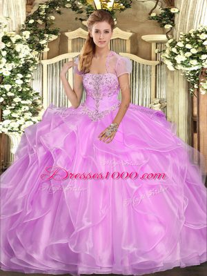 Lilac Lace Up Quince Ball Gowns Appliques and Ruffles Sleeveless Floor Length