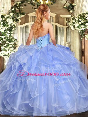 Lilac Lace Up Quince Ball Gowns Appliques and Ruffles Sleeveless Floor Length