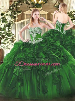 Custom Designed Dark Green Organza Lace Up Strapless Sleeveless Floor Length Ball Gown Prom Dress Beading and Ruffles
