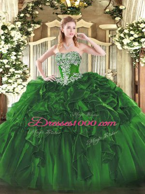 Custom Designed Dark Green Organza Lace Up Strapless Sleeveless Floor Length Ball Gown Prom Dress Beading and Ruffles