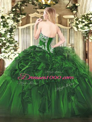 Custom Designed Dark Green Organza Lace Up Strapless Sleeveless Floor Length Ball Gown Prom Dress Beading and Ruffles