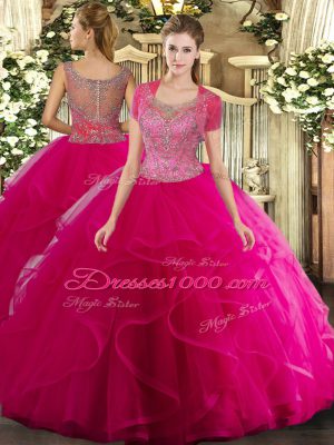 Hot Pink Tulle Clasp Handle Scoop Sleeveless Floor Length 15 Quinceanera Dress Beading and Ruffled Layers