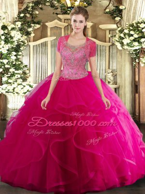 Hot Pink Tulle Clasp Handle Scoop Sleeveless Floor Length 15 Quinceanera Dress Beading and Ruffled Layers