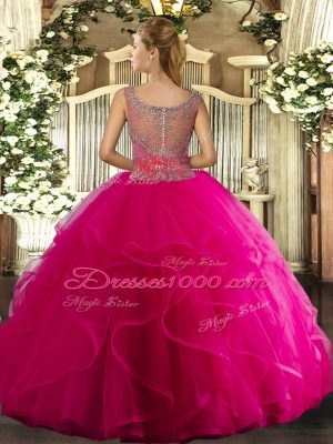 Hot Pink Tulle Clasp Handle Scoop Sleeveless Floor Length 15 Quinceanera Dress Beading and Ruffled Layers