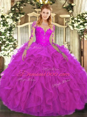 Fuchsia Ball Gowns Tulle Scoop Long Sleeves Lace and Ruffles Floor Length Lace Up Quinceanera Dresses