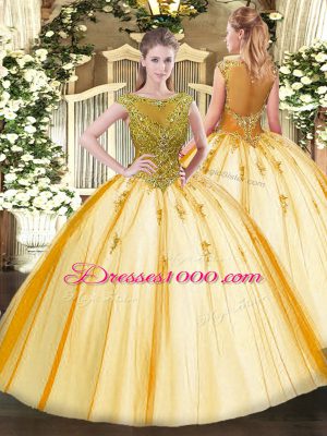 Gold Lace Up Quinceanera Dress Beading Cap Sleeves Floor Length
