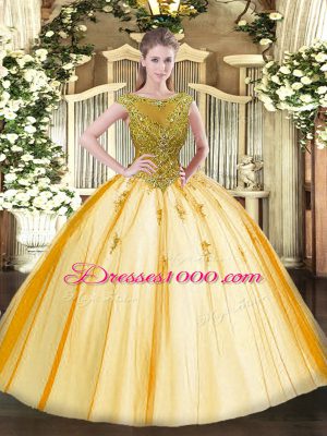 Gold Lace Up Quinceanera Dress Beading Cap Sleeves Floor Length