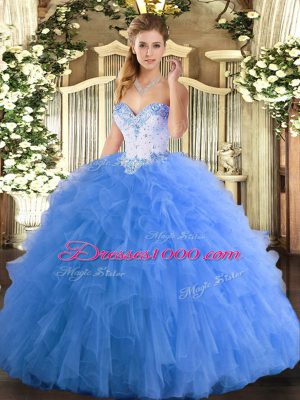 Simple Sweetheart Sleeveless Ball Gown Prom Dress Floor Length Beading and Ruffles Baby Blue Tulle