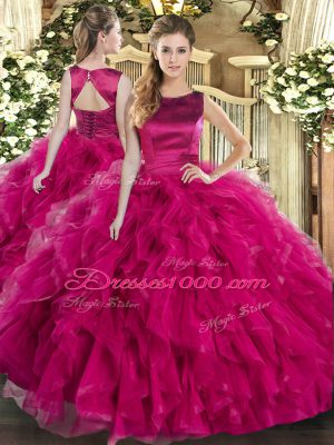Fuchsia Ball Gowns Scoop Sleeveless Tulle Floor Length Lace Up Ruffles Ball Gown Prom Dress