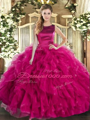 Fuchsia Ball Gowns Scoop Sleeveless Tulle Floor Length Lace Up Ruffles Ball Gown Prom Dress