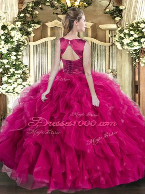 Fuchsia Ball Gowns Scoop Sleeveless Tulle Floor Length Lace Up Ruffles Ball Gown Prom Dress