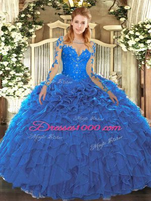 Hot Sale Blue Scoop Neckline Lace and Ruffles Quinceanera Gowns Long Sleeves Lace Up