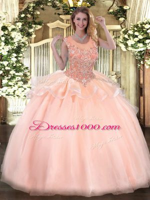 Lovely Peach Sleeveless Floor Length Beading Zipper Quince Ball Gowns