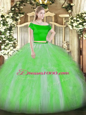 Affordable Green Tulle Zipper Quinceanera Gowns Short Sleeves Floor Length Appliques and Ruffles