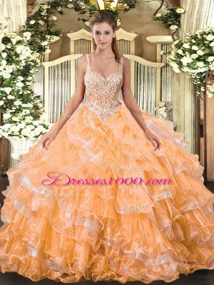 Orange Ball Gowns Organza Straps Sleeveless Beading and Ruffled Layers Floor Length Lace Up Ball Gown Prom Dress