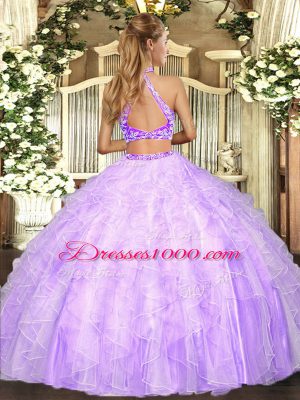 Nice Peach Halter Top Neckline Beading and Ruffles Sweet 16 Quinceanera Dress Sleeveless Criss Cross