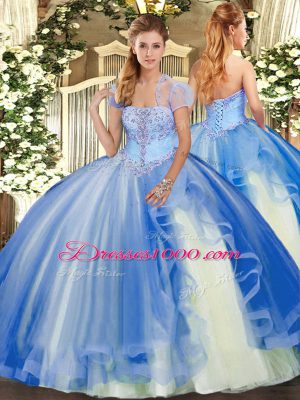 Trendy Blue Quinceanera Gown Military Ball and Sweet 16 and Quinceanera with Appliques and Ruffles Strapless Sleeveless Lace Up