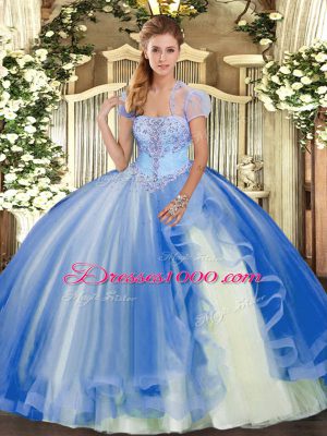 Trendy Blue Quinceanera Gown Military Ball and Sweet 16 and Quinceanera with Appliques and Ruffles Strapless Sleeveless Lace Up