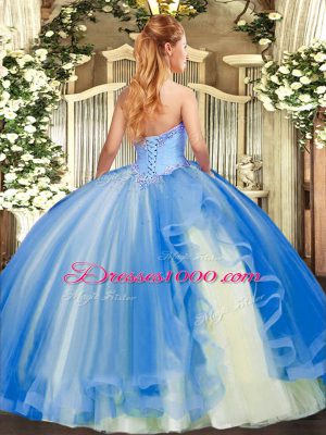 Trendy Blue Quinceanera Gown Military Ball and Sweet 16 and Quinceanera with Appliques and Ruffles Strapless Sleeveless Lace Up