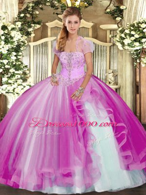 Fuchsia Tulle Lace Up Strapless Sleeveless Floor Length Sweet 16 Quinceanera Dress Appliques and Ruffles