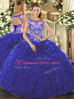Shining Floor Length Royal Blue Quinceanera Gown Organza Cap Sleeves Beading and Ruffles