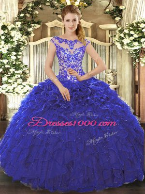 Shining Floor Length Royal Blue Quinceanera Gown Organza Cap Sleeves Beading and Ruffles