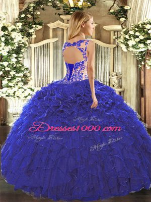 Shining Floor Length Royal Blue Quinceanera Gown Organza Cap Sleeves Beading and Ruffles