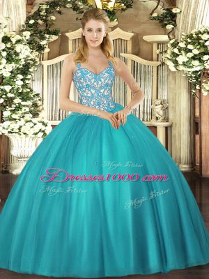 Straps Sleeveless Lace Up Quinceanera Dresses Teal Tulle