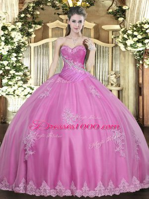 Sophisticated Rose Pink Sleeveless Tulle Lace Up Quinceanera Gowns for Military Ball and Sweet 16 and Quinceanera
