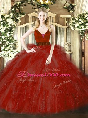 Elegant Ball Gowns Sweet 16 Dresses Wine Red Straps Tulle Sleeveless Floor Length Zipper