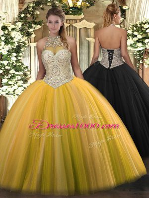 Suitable Floor Length Lace Up Quince Ball Gowns Gold for Military Ball and Sweet 16 and Quinceanera with Beading