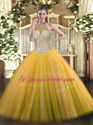 Suitable Floor Length Lace Up Quince Ball Gowns Gold for Military Ball and Sweet 16 and Quinceanera with Beading