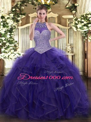Ideal Purple Sleeveless Tulle Lace Up Sweet 16 Dresses for Military Ball and Sweet 16 and Quinceanera