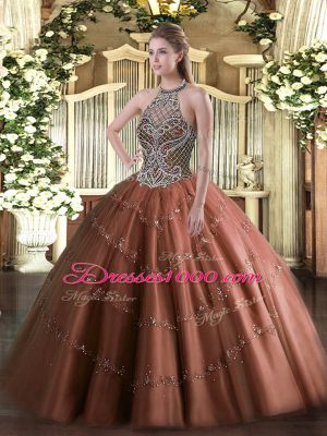 Sweet Sleeveless Tulle Floor Length Lace Up 15 Quinceanera Dress in Chocolate with Beading