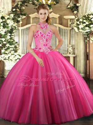 Tulle Sleeveless Floor Length Ball Gown Prom Dress and Embroidery