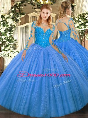 Floor Length Lace Up 15 Quinceanera Dress Baby Blue for Military Ball and Sweet 16 and Quinceanera with Lace