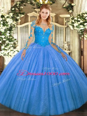 Floor Length Lace Up 15 Quinceanera Dress Baby Blue for Military Ball and Sweet 16 and Quinceanera with Lace