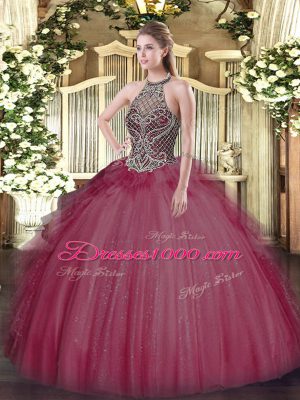 Tulle Halter Top Sleeveless Lace Up Beading Sweet 16 Dresses in Burgundy