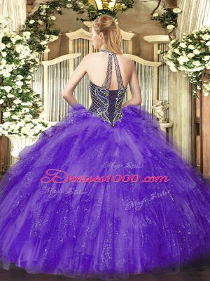 Tulle Halter Top Sleeveless Lace Up Beading Sweet 16 Dresses in Burgundy