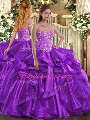 Ball Gowns 15th Birthday Dress Eggplant Purple Sweetheart Organza Sleeveless Floor Length Lace Up